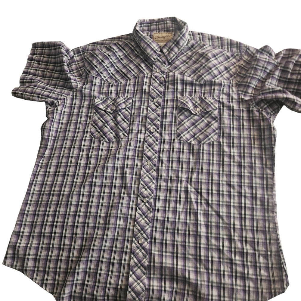 Wrangler‎ Shirt Mens Extra Large Purple Plaid Western Pearl Snap Short Sleeve